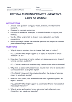 Newton's Laws of Motion Critical Thinking Prompts sample page