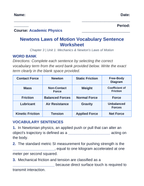 Newton's Laws of Motion Fill-in-the-Blank Vocabulary Worksheet sample page