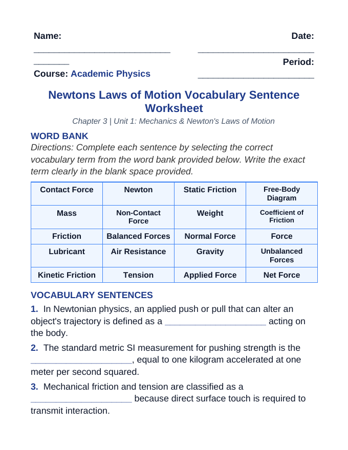 Newton's Laws of Motion Fill-in-the-Blank Vocabulary Worksheet sample page