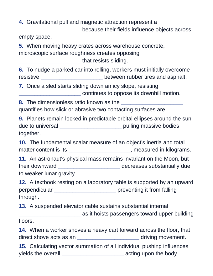 Newton's Laws of Motion Fill-in-the-Blank Vocabulary Worksheet sample page
