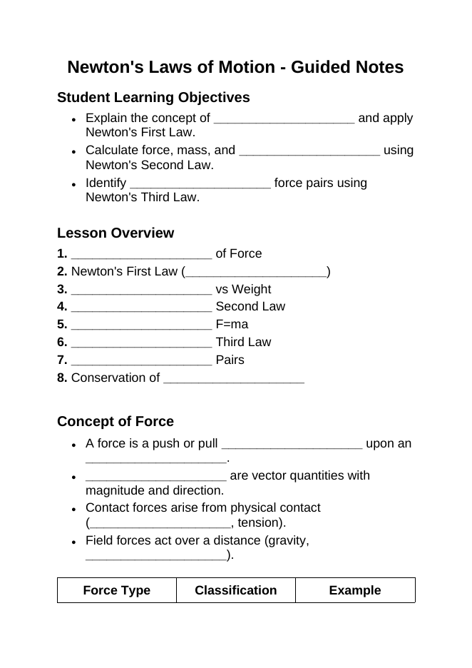 Newton's Laws of Motion Guided Notes sample page