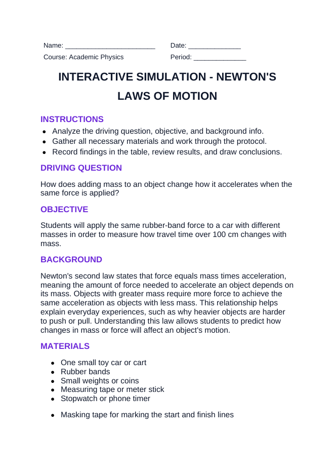 Newton's Laws of Motion Interactive Simulation sample page