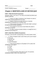 Newton's Laws of Motion Lesson Quiz sample page