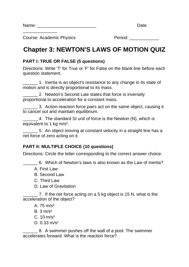 Newton's Laws of Motion Lesson Quiz sample page