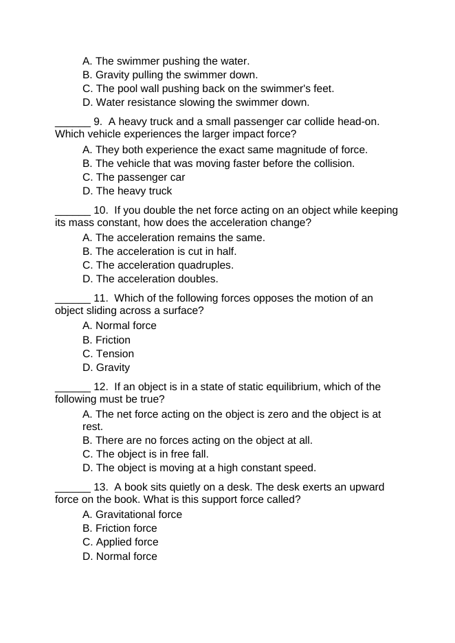 Newton's Laws of Motion Lesson Quiz sample page