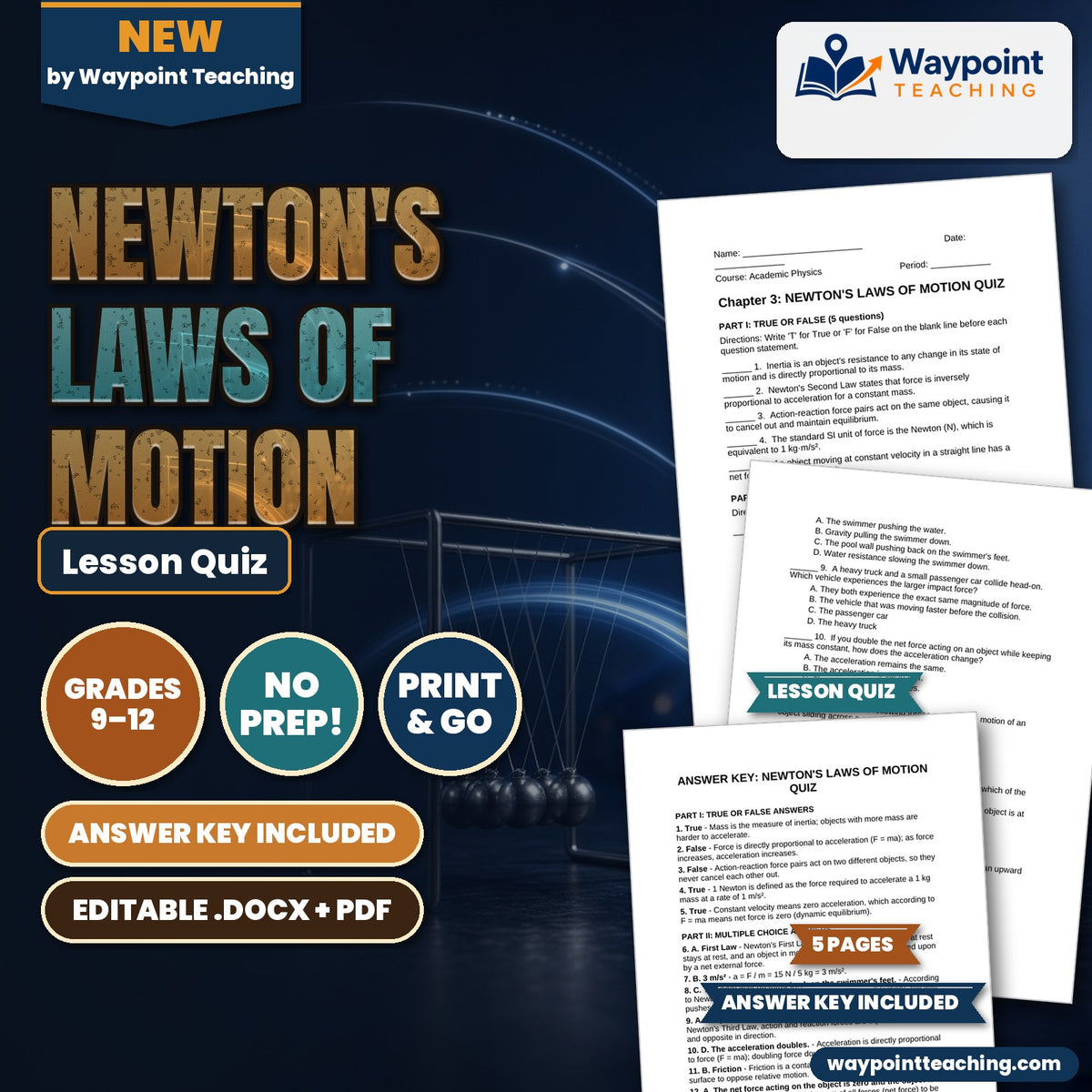 Newton's Laws of Motion Lesson Quiz cover