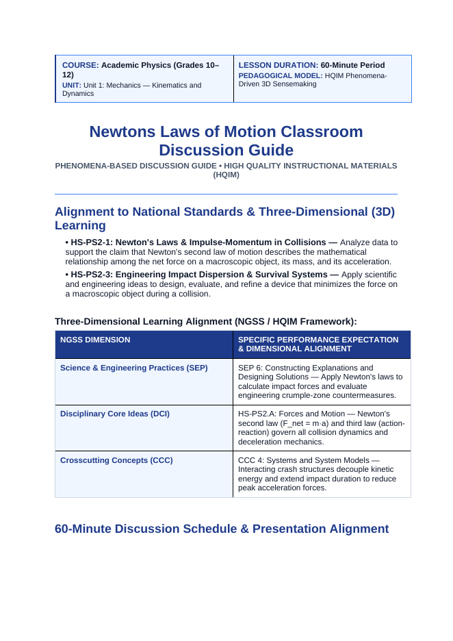 Newton's Laws of Motion Phenomena-Based Lesson: Surviving a 67G Impact Deceleration and 225 km/h Barrier Collision in Formula One Racing Teacher Discussion Guide sample page