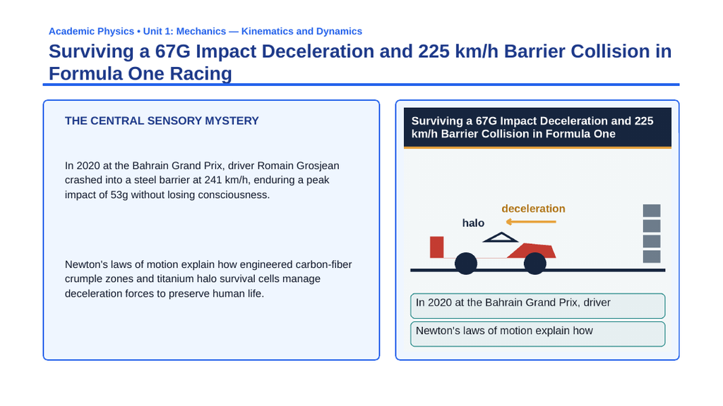 Newton's Laws of Motion Phenomena-Based Lesson: Surviving a 67G Impact Deceleration and 225 km/h Barrier Collision in Formula One Racing Presentation sample page