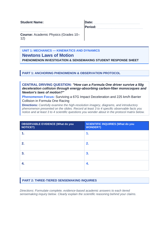 Newton's Laws of Motion Phenomena-Based Lesson: Surviving a 67G Impact Deceleration and 225 km/h Barrier Collision in Formula One Racing Student Response Sheet sample page