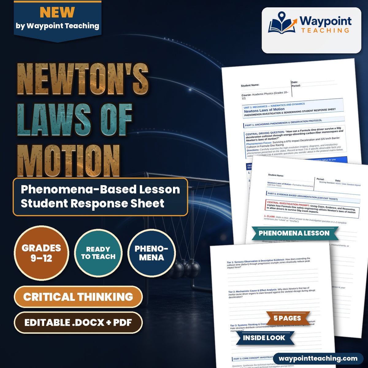 Newton's Laws of Motion Phenomena-Based Lesson: Surviving a 67G Impact Deceleration and 225 km/h Barrier Collision in Formula One Racing Student Response Sheet cover