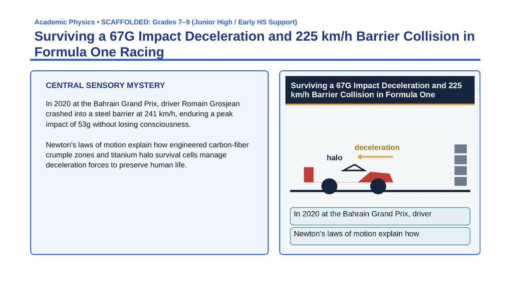Newton's Laws of Motion Scaffolded Phenomena-Based Lesson: Surviving a 67G Impact Deceleration and 225 km/h Barrier Collision in Formula One Racing Presentation sample page