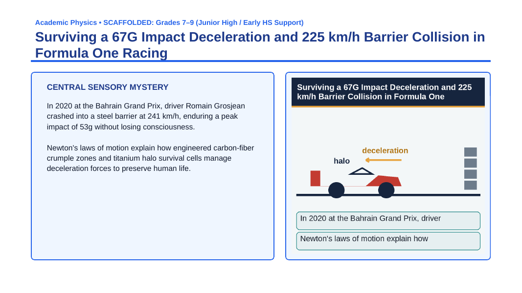 Newton's Laws of Motion Scaffolded Phenomena-Based Lesson: Surviving a 67G Impact Deceleration and 225 km/h Barrier Collision in Formula One Racing Presentation sample page