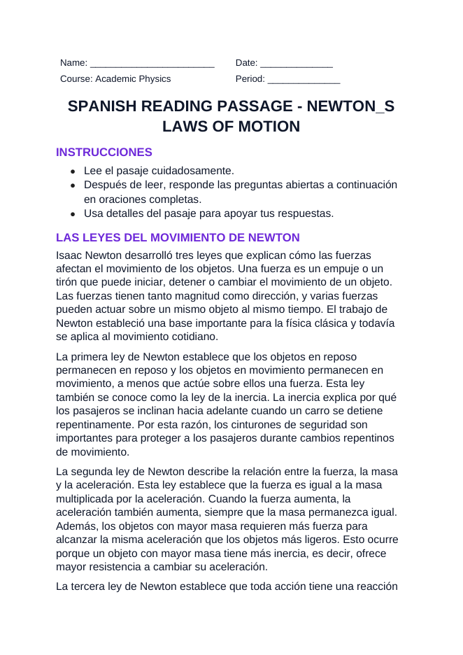 Newton's Laws of Motion Spanish Reading Passage & Comprehension Questions sample page