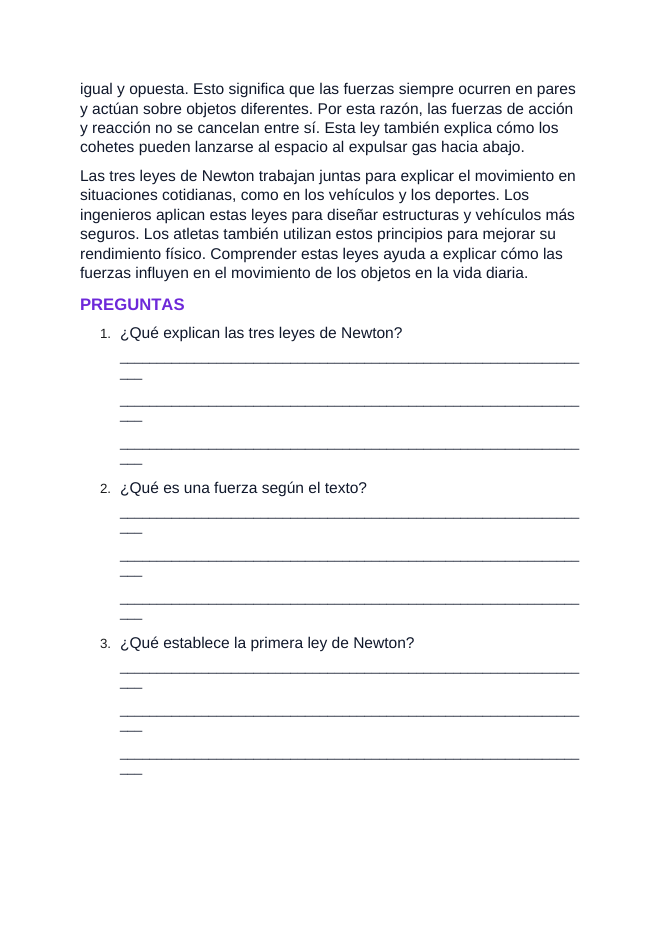 Newton's Laws of Motion Spanish Reading Passage & Comprehension Questions sample page