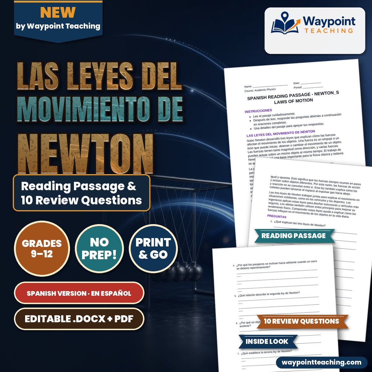 Newton's Laws of Motion Spanish Reading Passage & Comprehension Questions cover