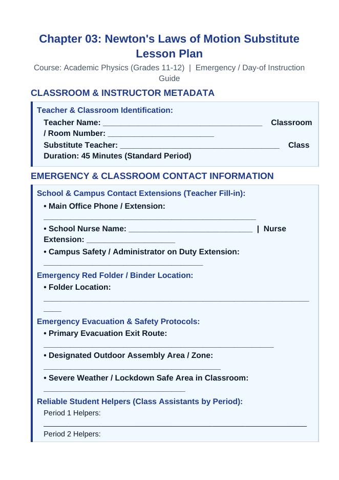Newton's Laws of Motion Substitute Lesson Plan sample page