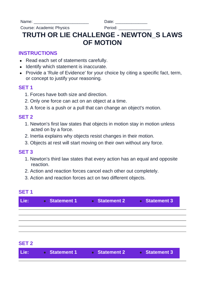 Newton's Laws of Motion Truth or Lie Challenge sample page