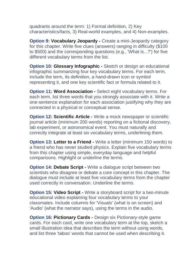 Newton's Laws of Motion Vocabulary Choice Board sample page