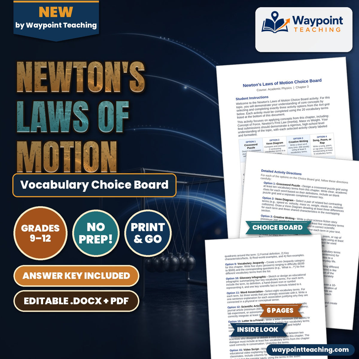 Newton's Laws of Motion Vocabulary Choice Board cover