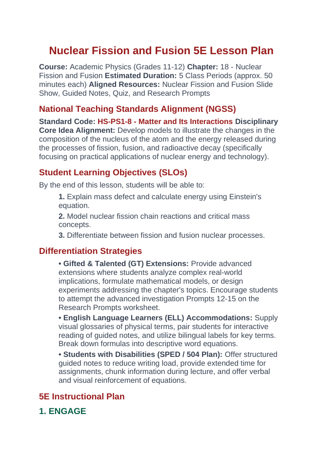 Nuclear Fission & Fusion 5E Lesson Plan sample page