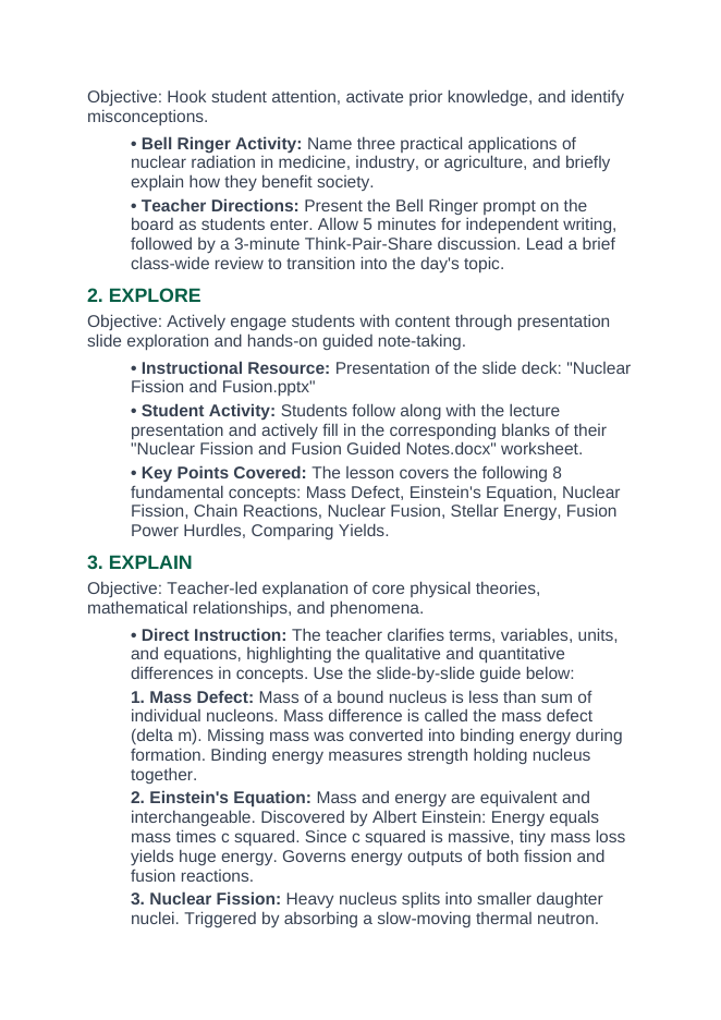 Nuclear Fission & Fusion 5E Lesson Plan sample page