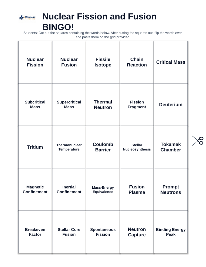 Nuclear Fission & Fusion BINGO Review Game sample page