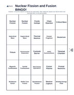 Nuclear Fission & Fusion BINGO Review Game sample page