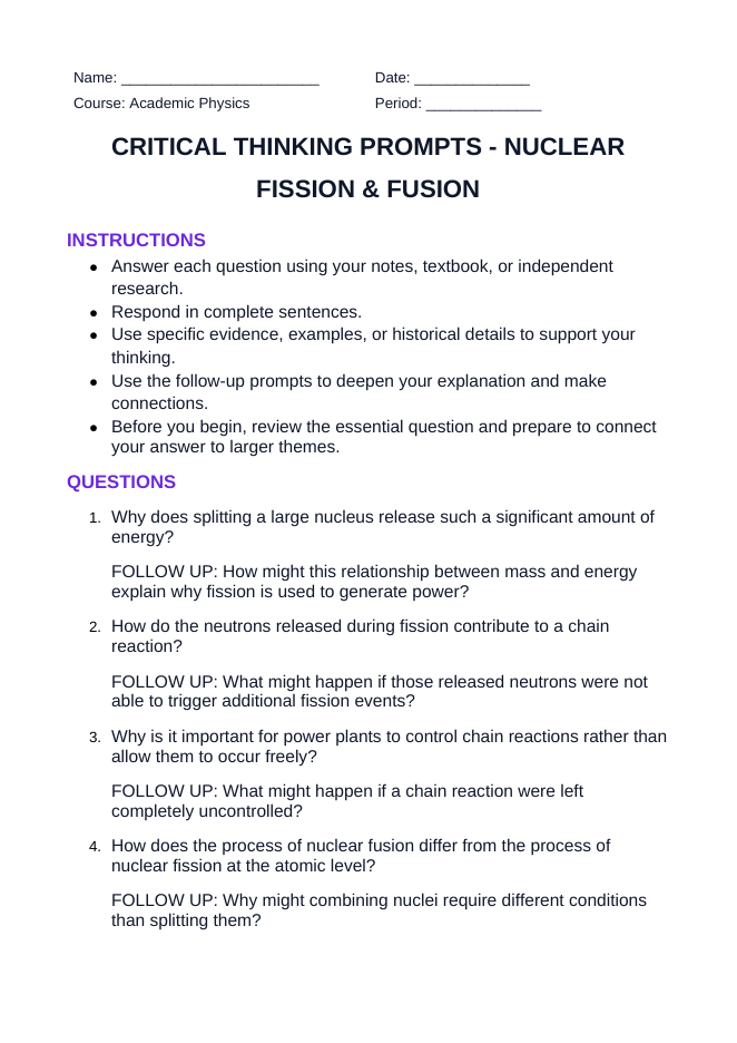 Nuclear Fission & Fusion Critical Thinking Prompts sample page
