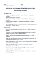 Nuclear Fission & Fusion Critical Thinking Prompts sample page