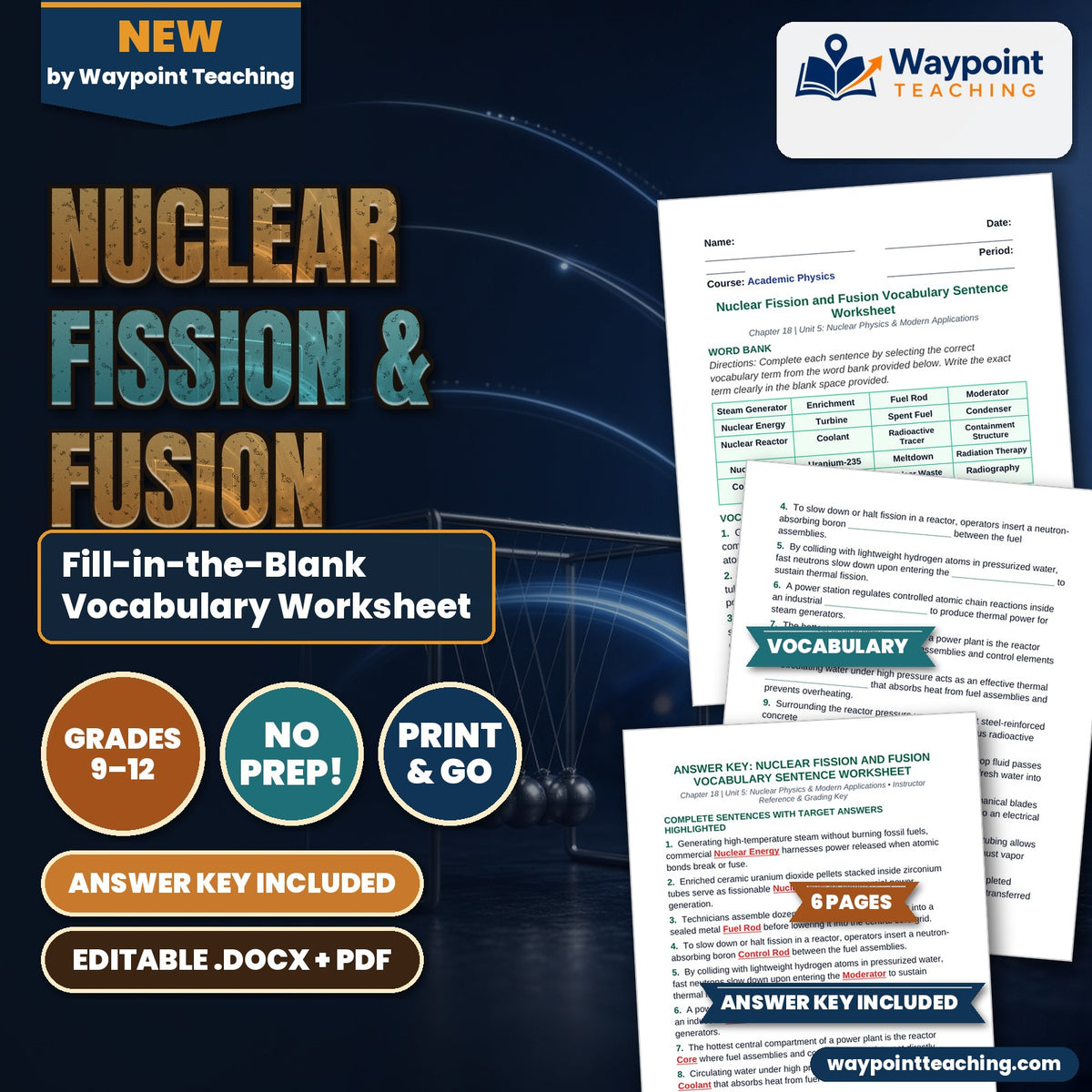 Nuclear Fission & Fusion Fill-in-the-Blank Vocabulary Worksheet cover