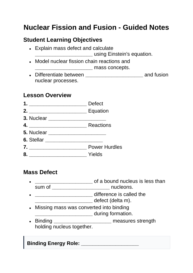 Nuclear Fission & Fusion Guided Notes sample page