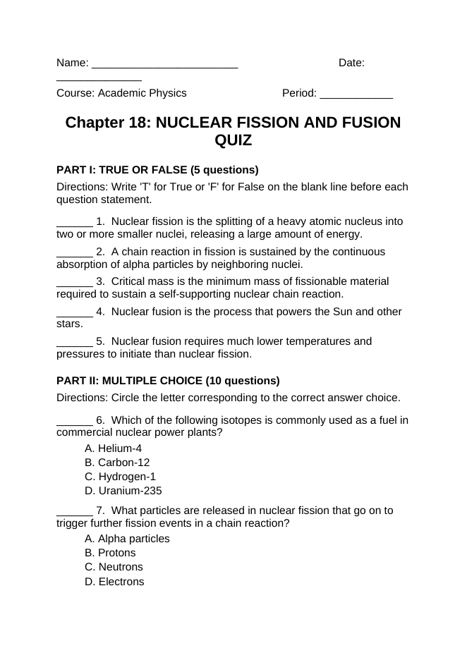 Nuclear Fission & Fusion Lesson Quiz sample page