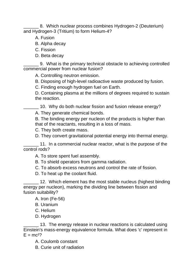 Nuclear Fission & Fusion Lesson Quiz sample page