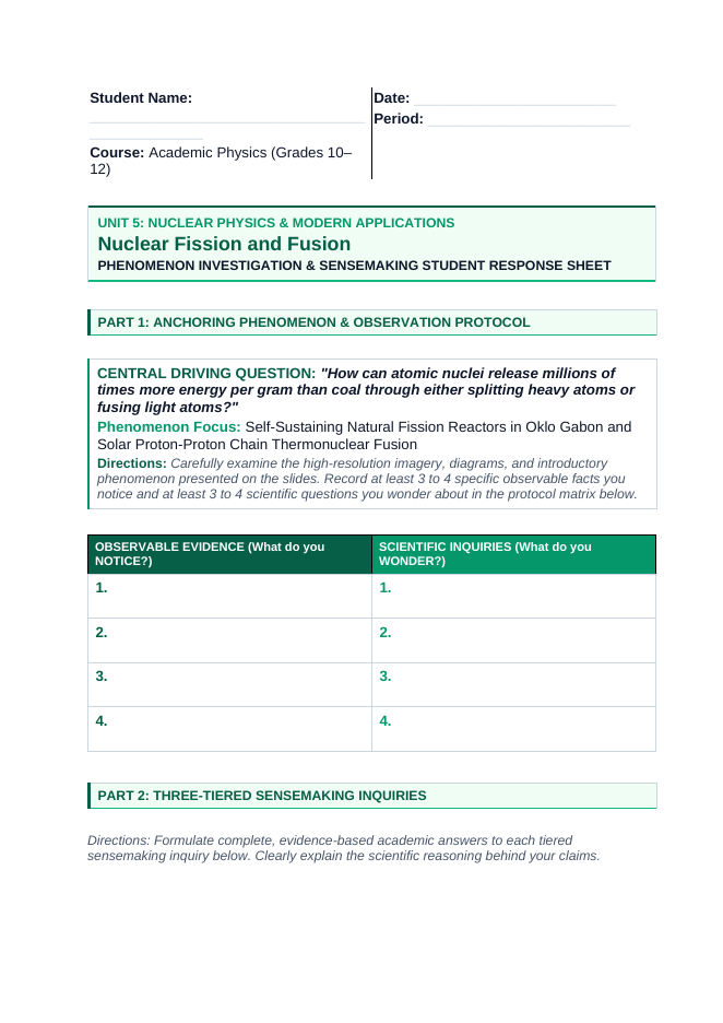 Nuclear Fission & Fusion Phenomena-Based Lesson: Self-Sustaining Natural Fission Reactors in Oklo Gabon and Solar Proton-Proton Chain Thermonuclear Fusion Student Response Sheet sample page