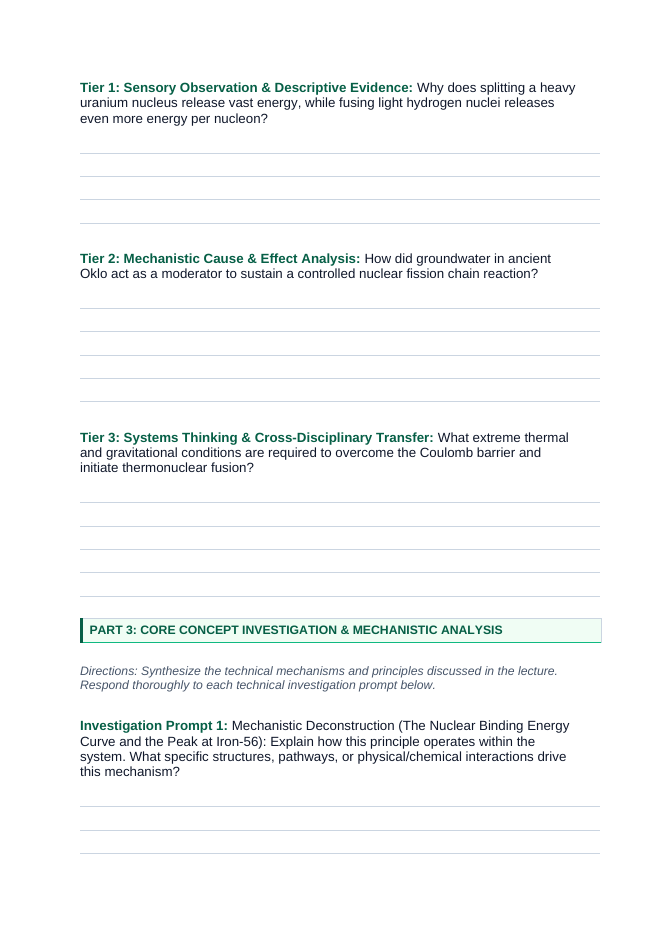 Nuclear Fission & Fusion Phenomena-Based Lesson: Self-Sustaining Natural Fission Reactors in Oklo Gabon and Solar Proton-Proton Chain Thermonuclear Fusion Student Response Sheet sample page