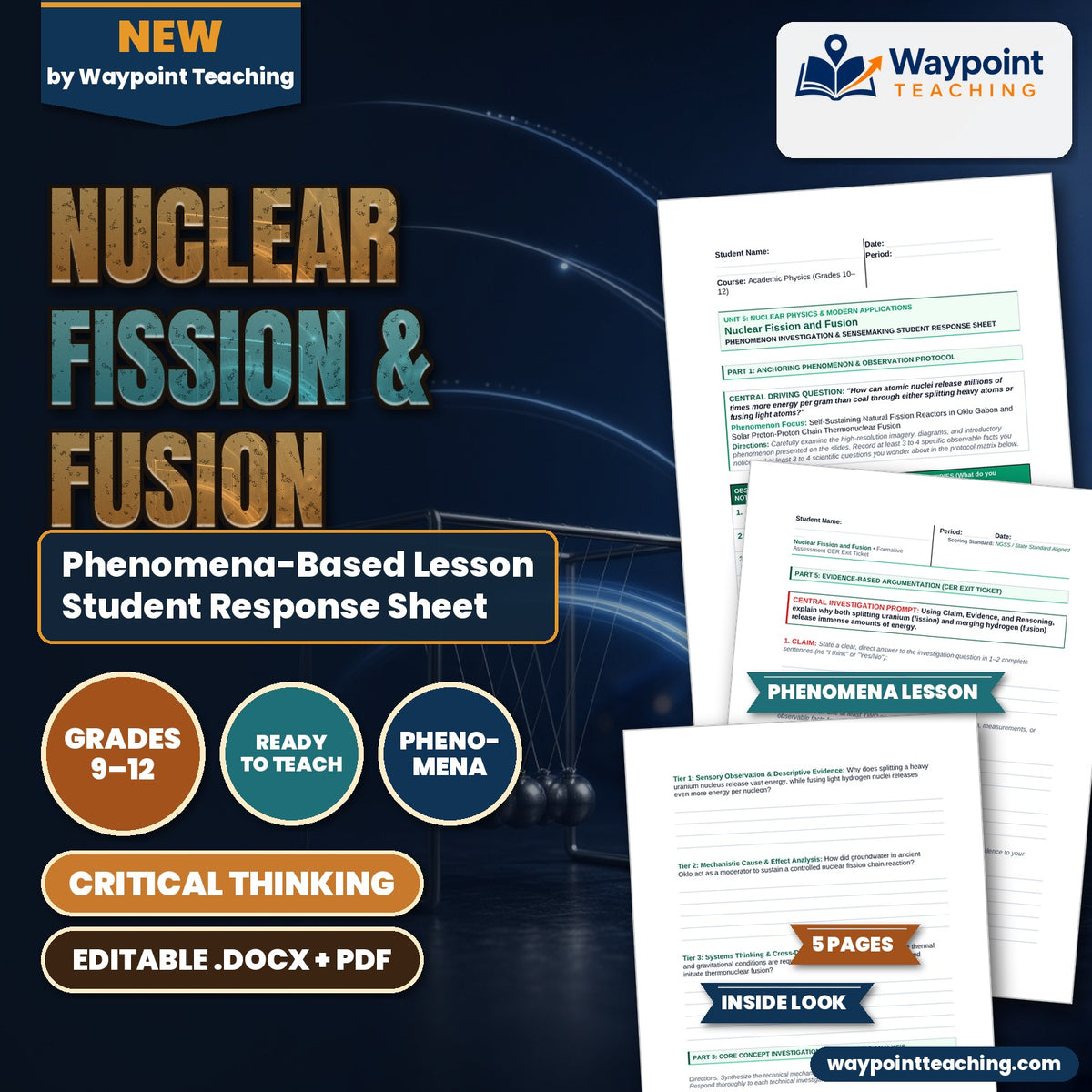 Nuclear Fission & Fusion Phenomena-Based Lesson: Self-Sustaining Natural Fission Reactors in Oklo Gabon and Solar Proton-Proton Chain Thermonuclear Fusion Student Response Sheet cover