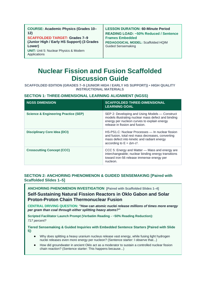 Nuclear Fission & Fusion Scaffolded Phenomena-Based Lesson: Self-Sustaining Natural Fission Reactors in Oklo Gabon and Solar Proton-Proton Chain Thermonuclear Fusion Teacher Discussion Guide sample page
