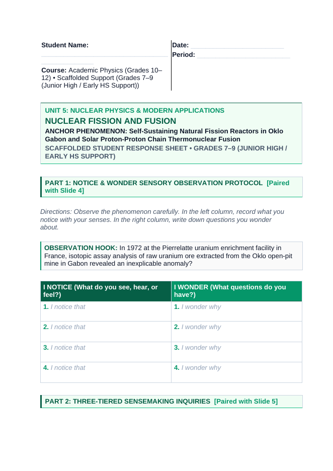 Nuclear Fission & Fusion Scaffolded Phenomena-Based Lesson: Self-Sustaining Natural Fission Reactors in Oklo Gabon and Solar Proton-Proton Chain Thermonuclear Fusion Student Response Sheet sample page