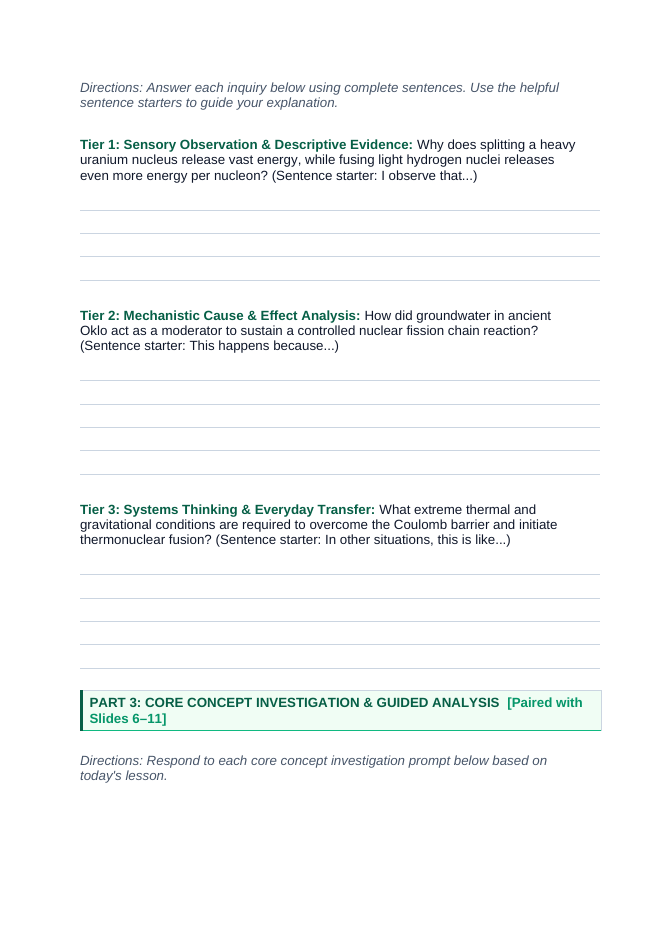 Nuclear Fission & Fusion Scaffolded Phenomena-Based Lesson: Self-Sustaining Natural Fission Reactors in Oklo Gabon and Solar Proton-Proton Chain Thermonuclear Fusion Student Response Sheet sample page