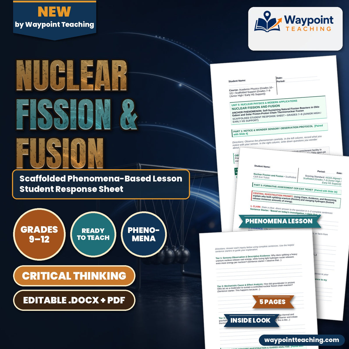 Nuclear Fission & Fusion Scaffolded Phenomena-Based Lesson: Self-Sustaining Natural Fission Reactors in Oklo Gabon and Solar Proton-Proton Chain Thermonuclear Fusion Student Response Sheet cover