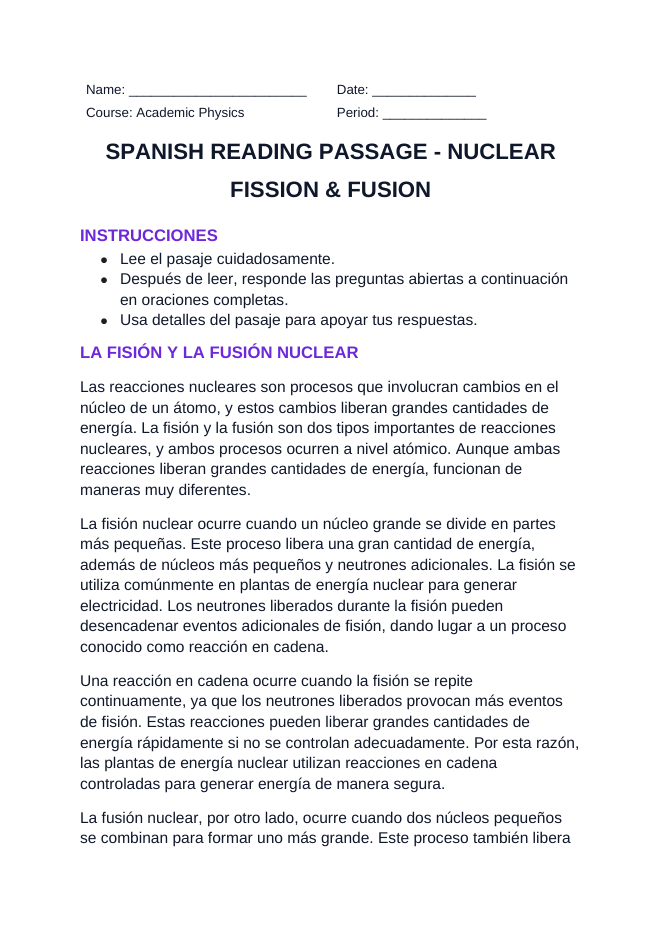 Nuclear Fission & Fusion Spanish Reading Passage & Comprehension Questions sample page