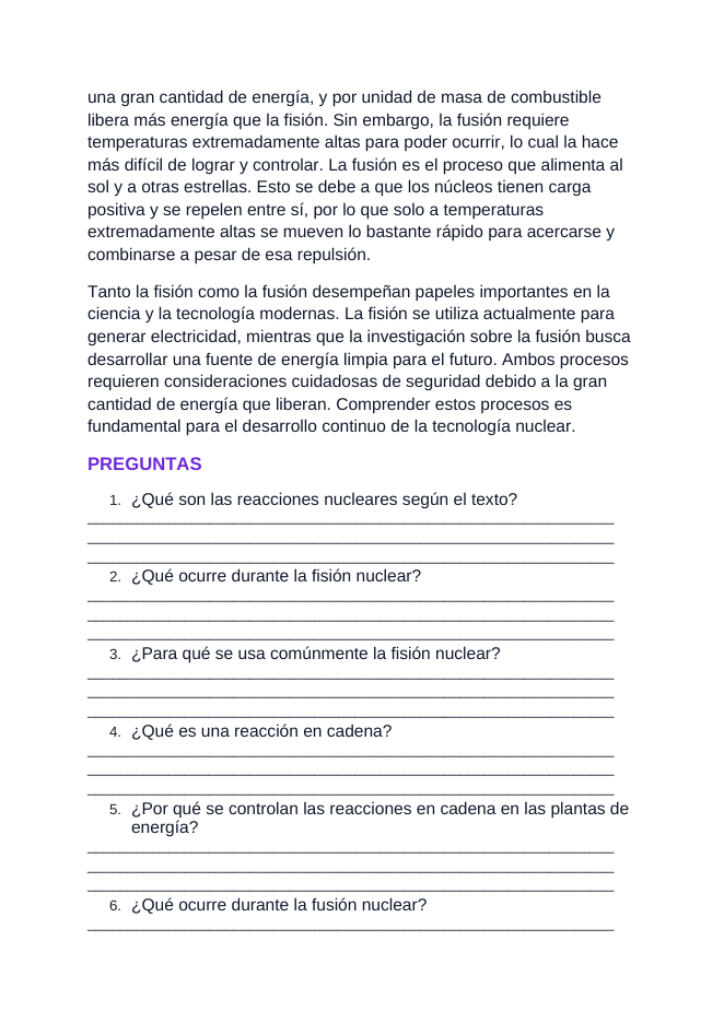 Nuclear Fission & Fusion Spanish Reading Passage & Comprehension Questions sample page