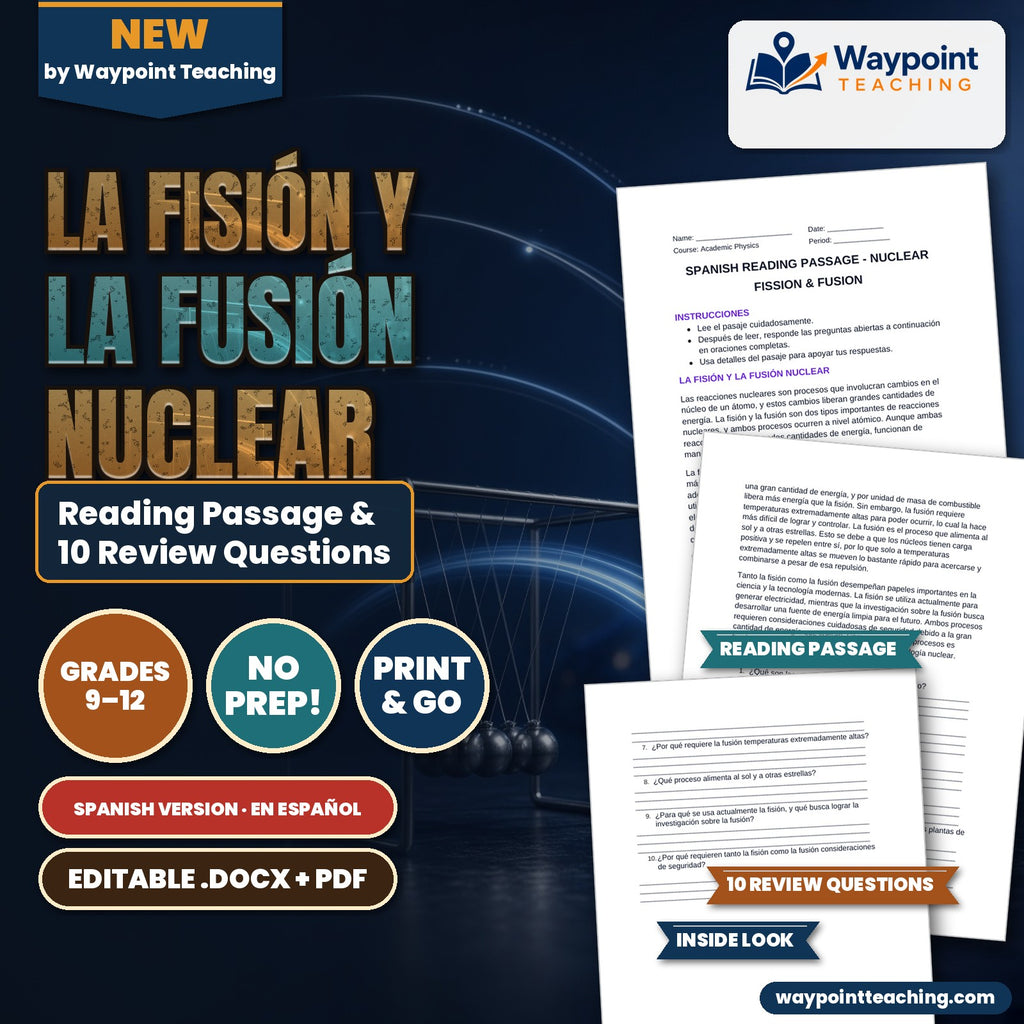 Nuclear Fission & Fusion Spanish Reading Passage & Comprehension Questions cover