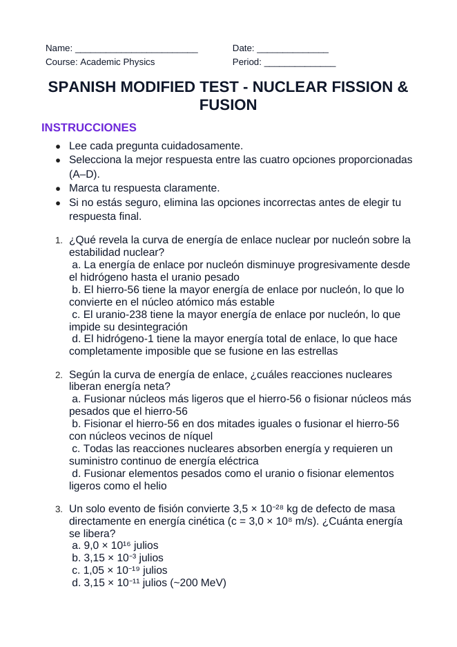 Nuclear Fission & Fusion Spanish Unit Test sample page
