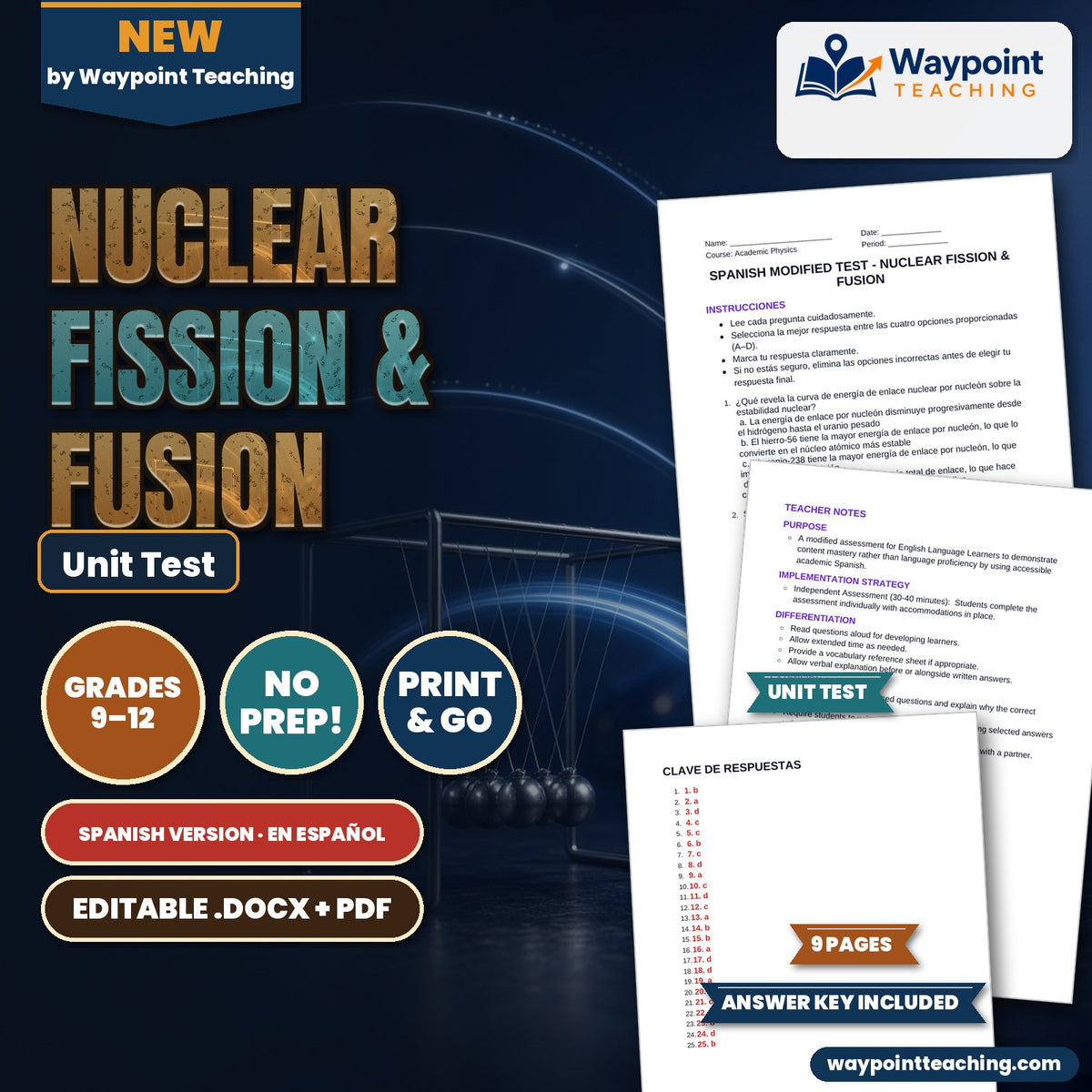 Nuclear Fission & Fusion Spanish Unit Test cover