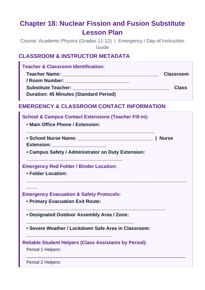 Nuclear Fission & Fusion Substitute Lesson Plan sample page