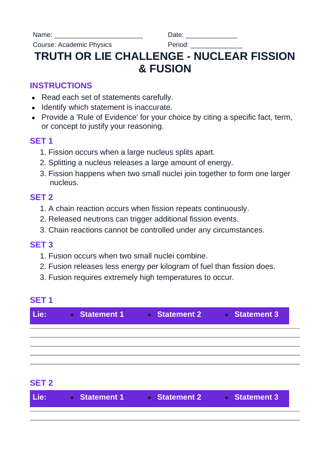 Nuclear Fission & Fusion Truth or Lie Challenge sample page