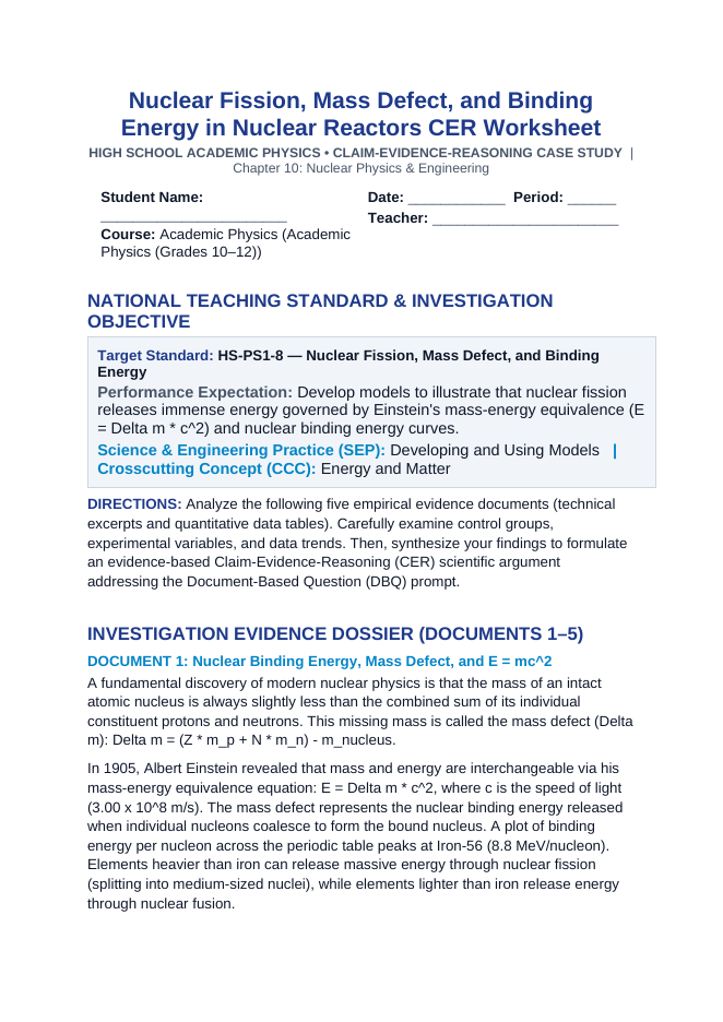 Nuclear Fission, Mass Defect, and Binding Energy in Nuclear Reactors CER Phenomena Worksheet sample page