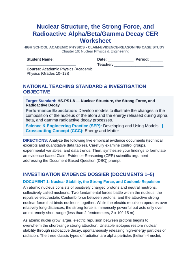 Nuclear Structure, the Strong Force, and Radioactive Alpha/Beta/Gamma Decay CER Phenomena Worksheet sample page