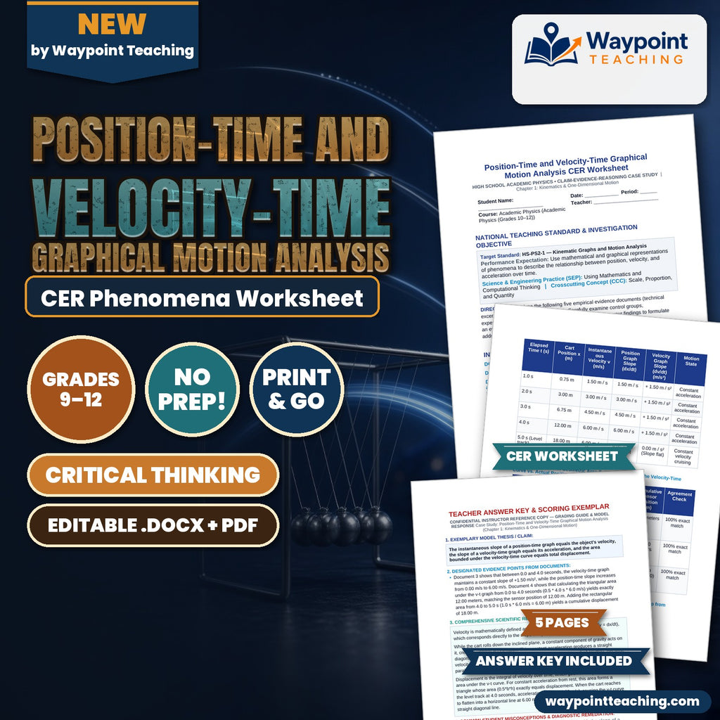 Position-Time and Velocity-Time Graphical Motion Analysis CER Phenomena Worksheet cover